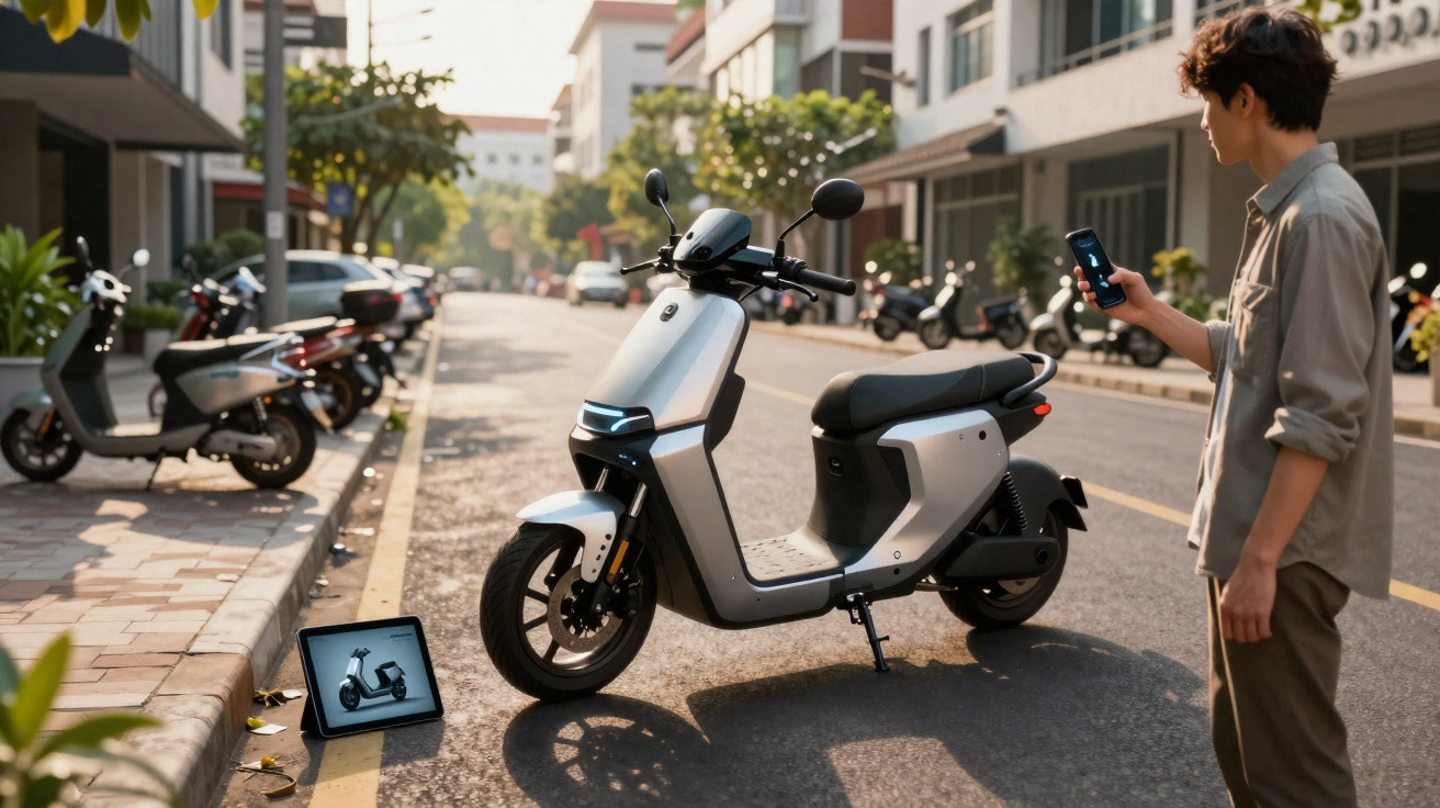 Homem usando smartphone para controlar moto elétrica estacionada em rua ensolarada da cidade.