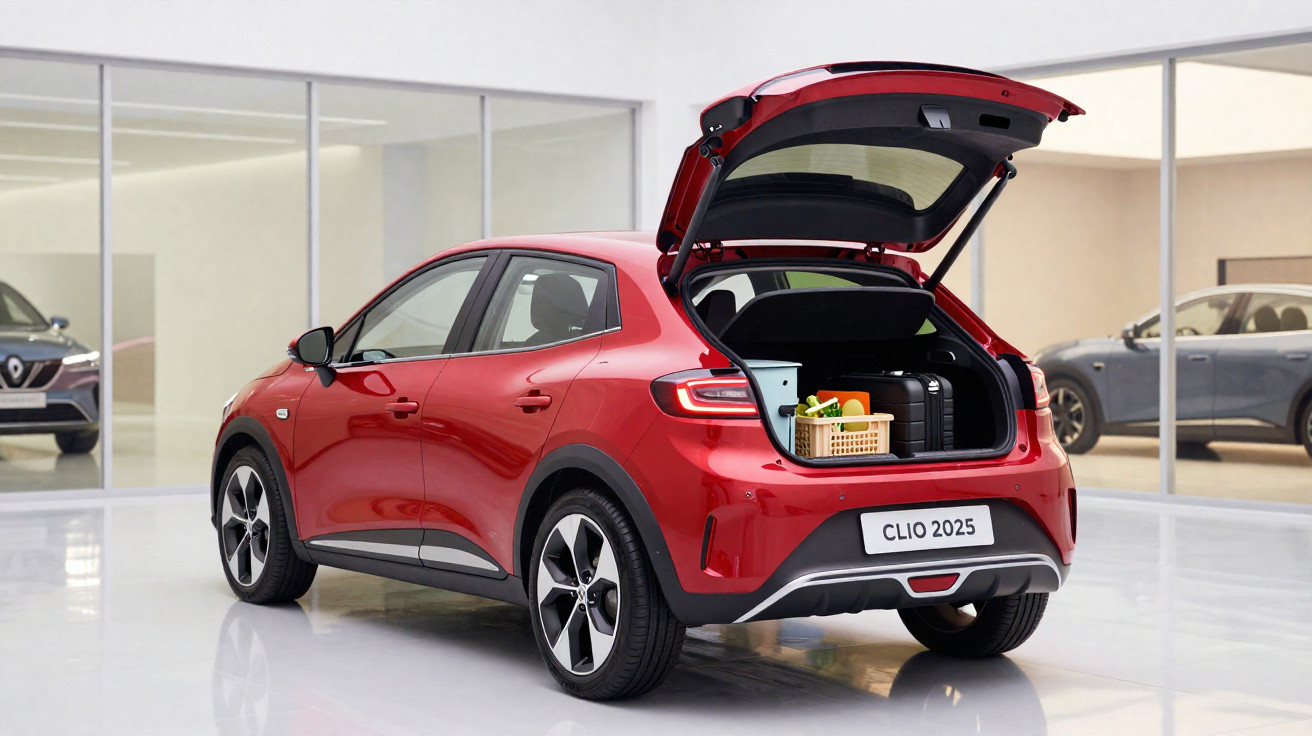 Carro vermelho Renault Clio 2025 com porta-malas aberto cheio de bagagens e compras em showroom moderno.