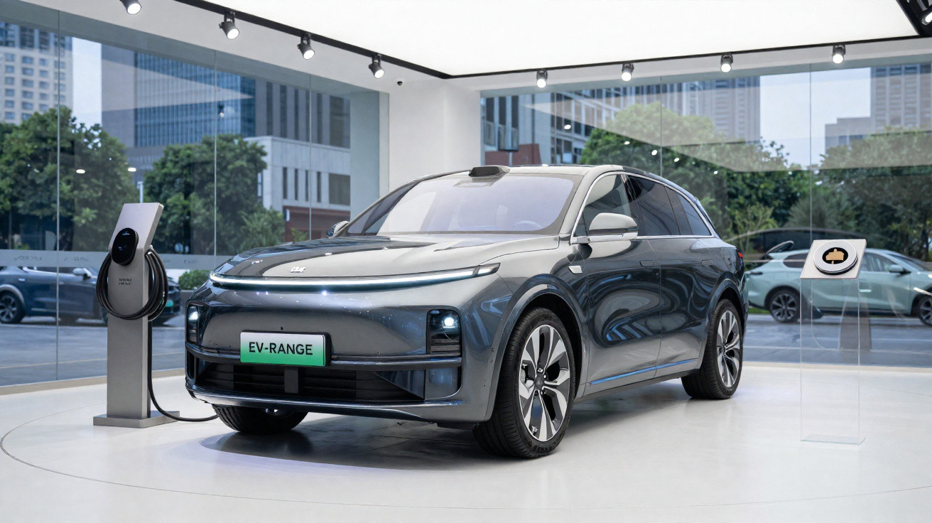 Carro elétrico cinza estacionado em showroom moderno com estação de recarga e vidros grandes ao redor.