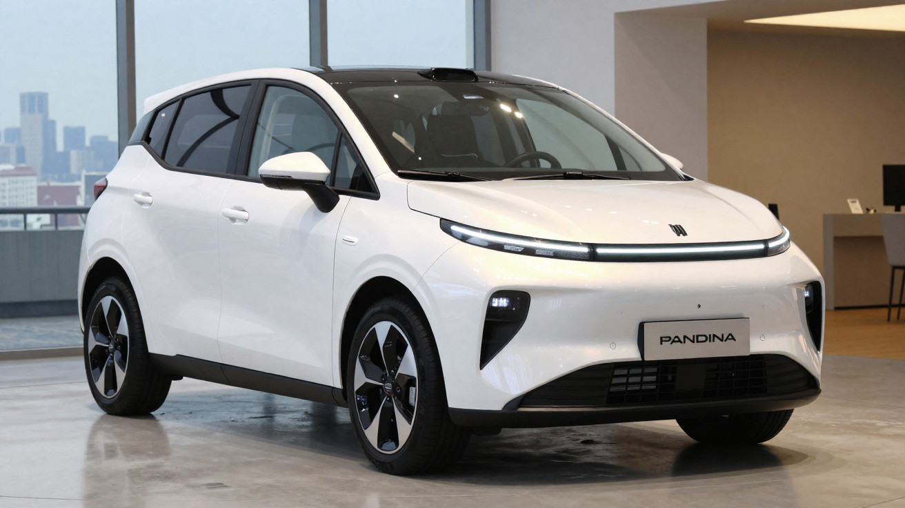Carro elétrico branco modelo Pandina em ambiente interno moderno, com janelas amplas ao fundo.