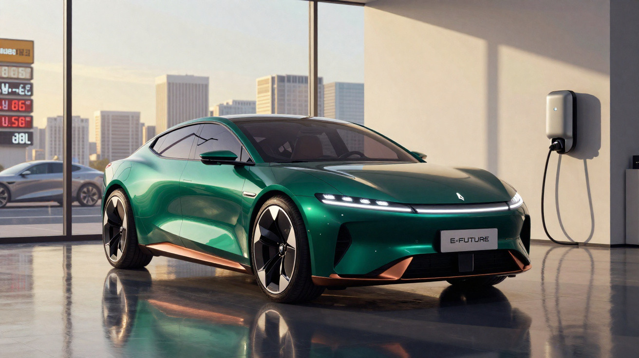 Carro elétrico verde estacionado em garagem moderna com estação de recarga na parede ao fundo.