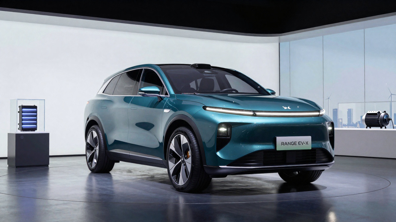 Carro elétrico verde Range EV-X exposto em ambiente interno moderno com iluminação branca.