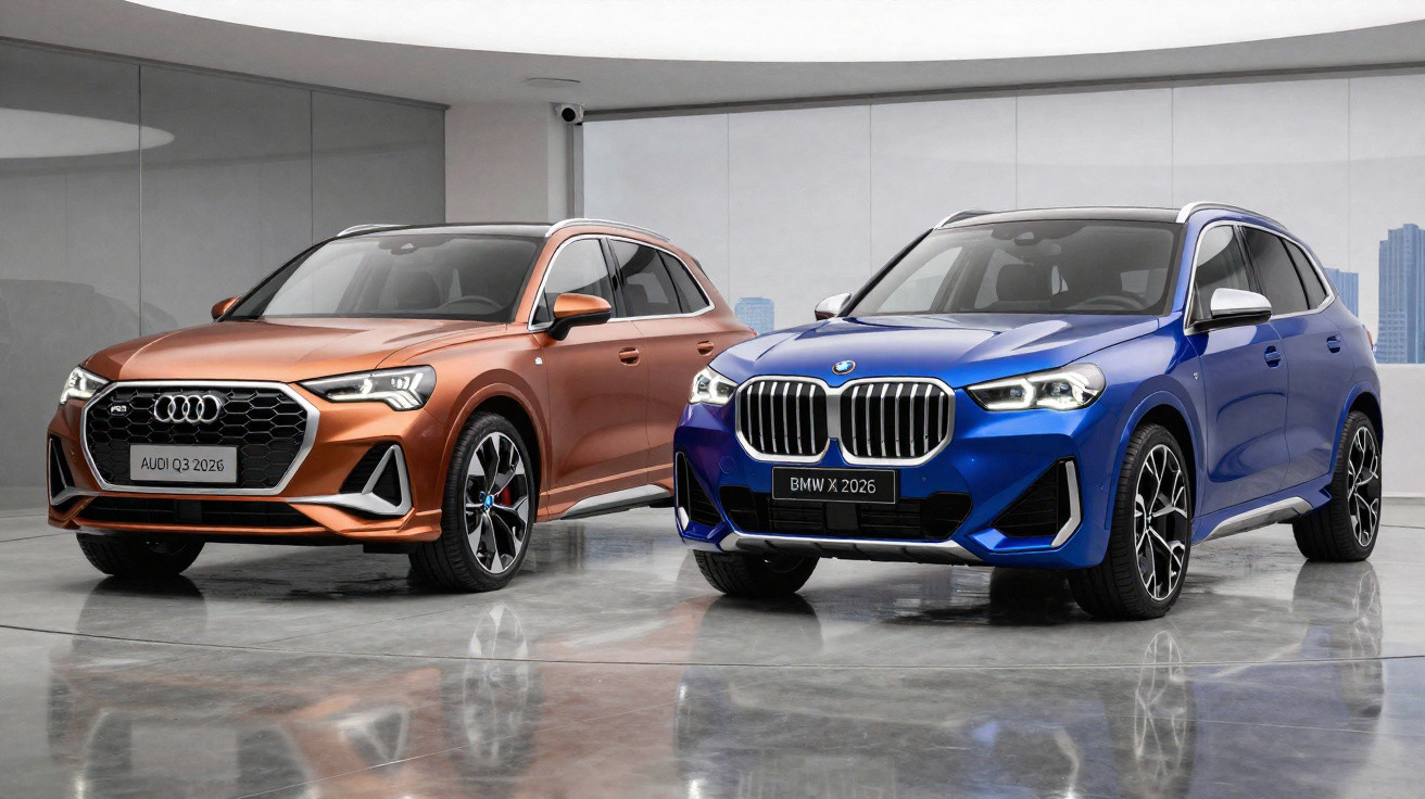 Dois SUVs 2026, Audi Q3 laranja e BMW X azul, exibidos em salão moderno com piso refletivo.