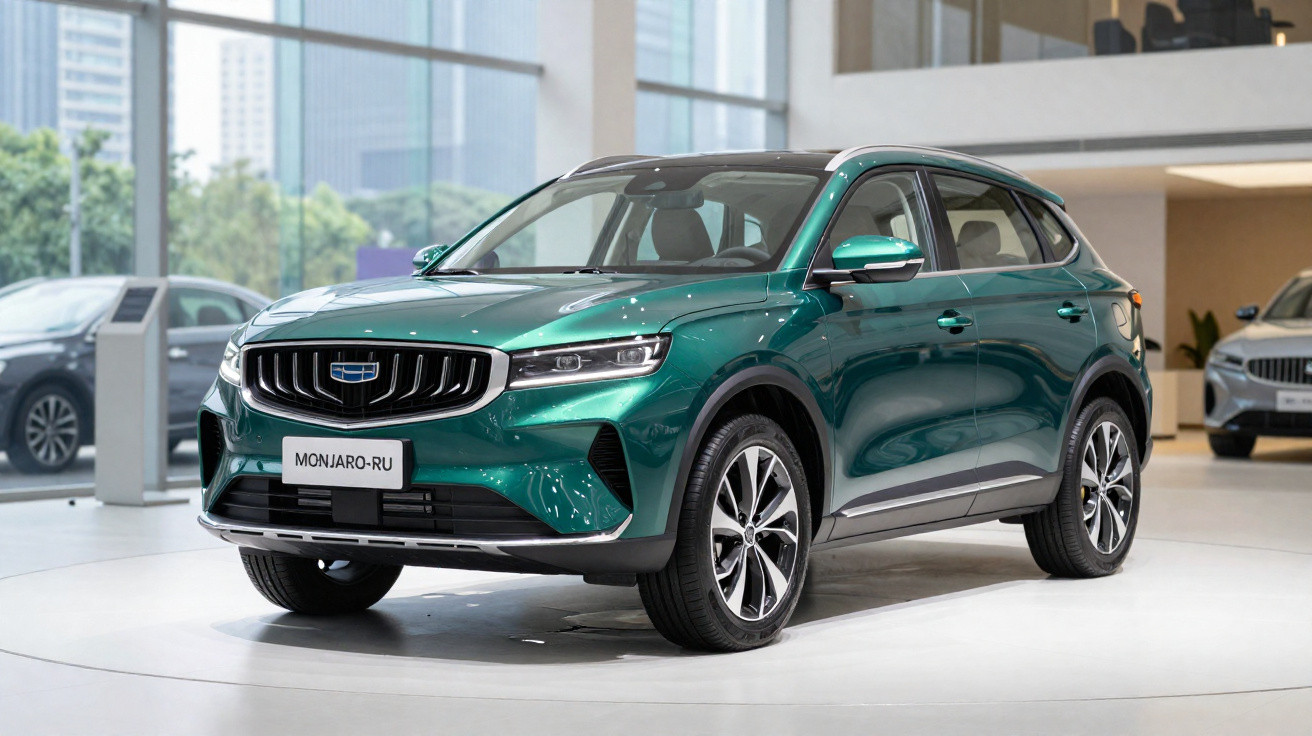 SUV verde metálico Geely Monjaro-RU exposto em showroom moderno com vidro e outros carros ao fundo.