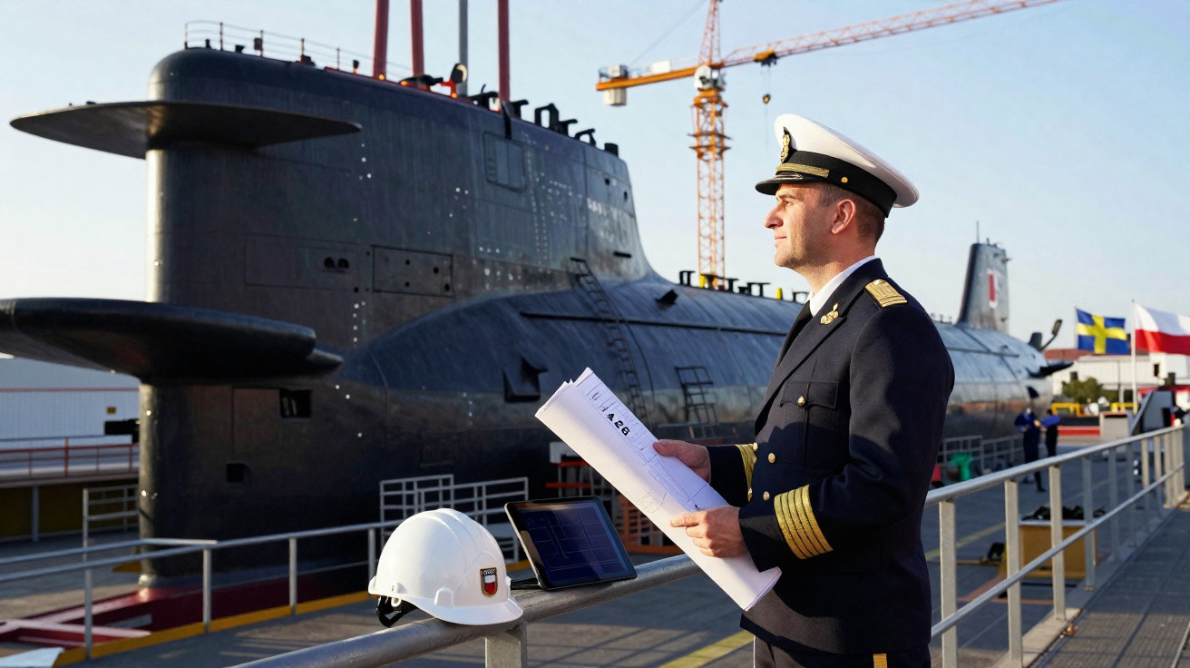 Oficial da marinha em uniforme examinando plantas ao lado de um submarino atracado em estaleiro.