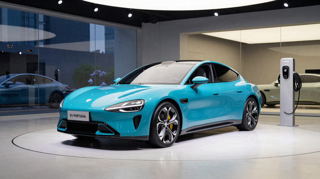 Carro elétrico esportivo azul em exposição com estação de recarga em ambiente moderno e iluminado.