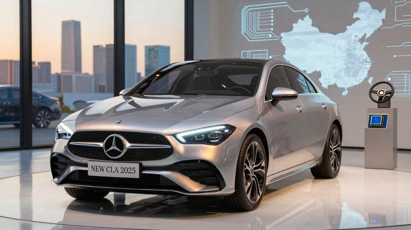 Carro Mercedes-Benz prata modelo CLA 2025 em exposição com fundo de prédios e mapa digital.