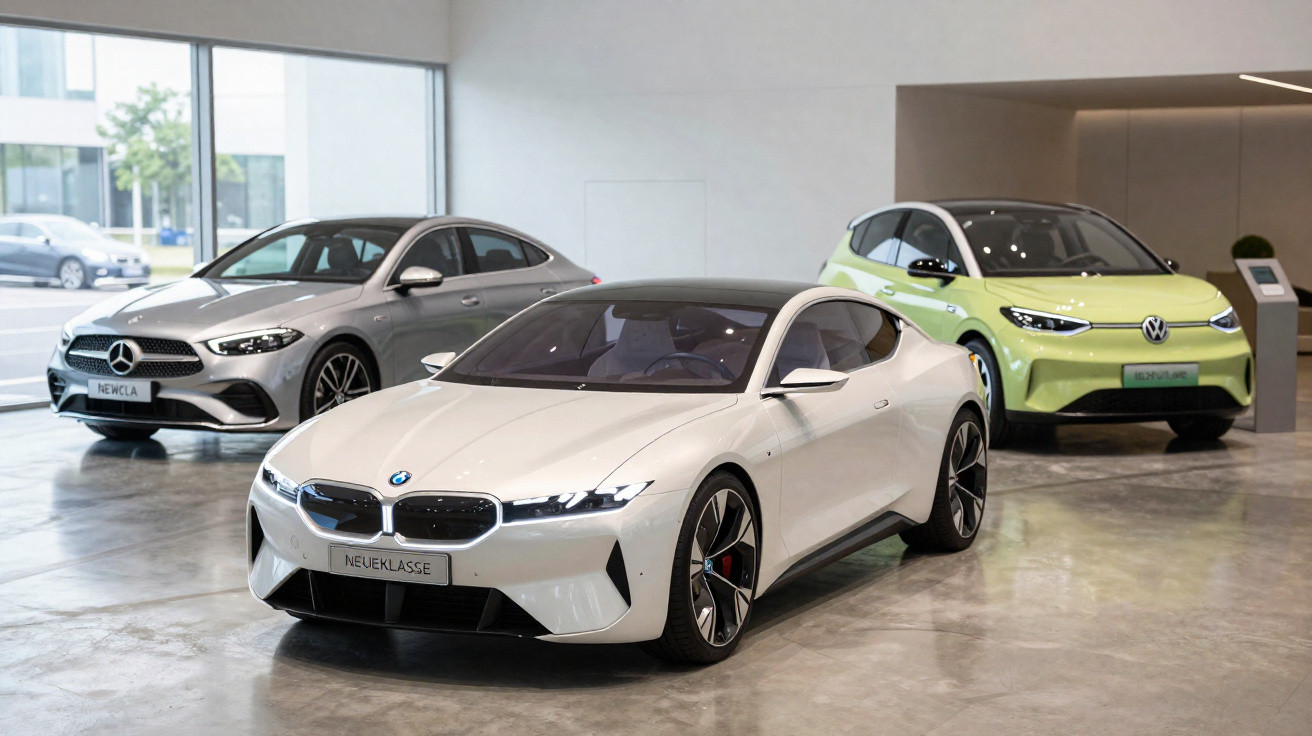 Três carros expostos em showroom: BMW branco esportivo, Mercedes prata e Volkswagen verde claro.