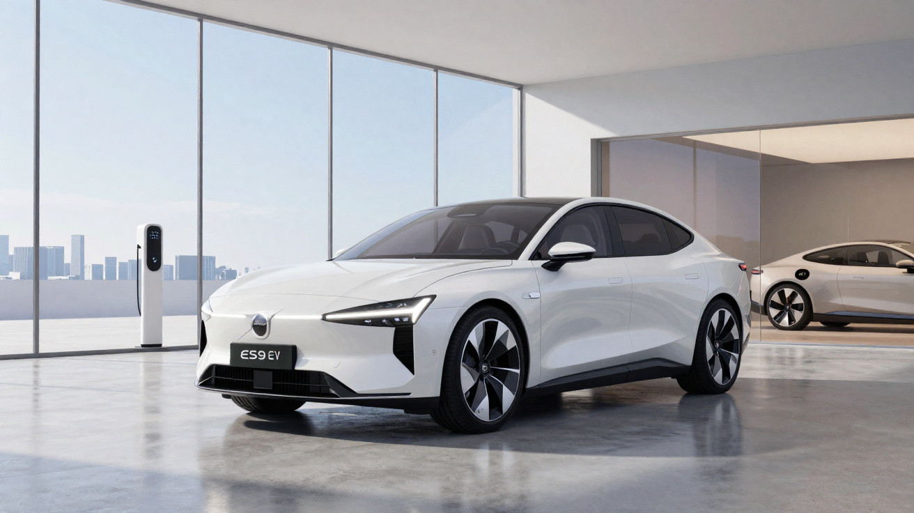 Carro elétrico branco estacionado em ambiente interno moderno com paredes de vidro e estação de recarga.