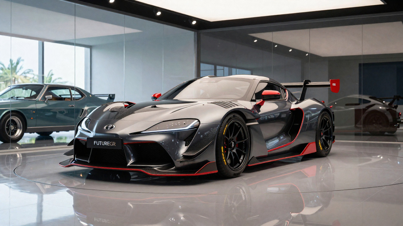 Carro esportivo cinza metálico com detalhes vermelhos exibido em showroom moderno com piso brilhante.
