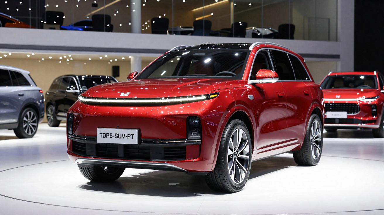 SUV vermelho exibido em salão automotivo com outras SUVs ao fundo.