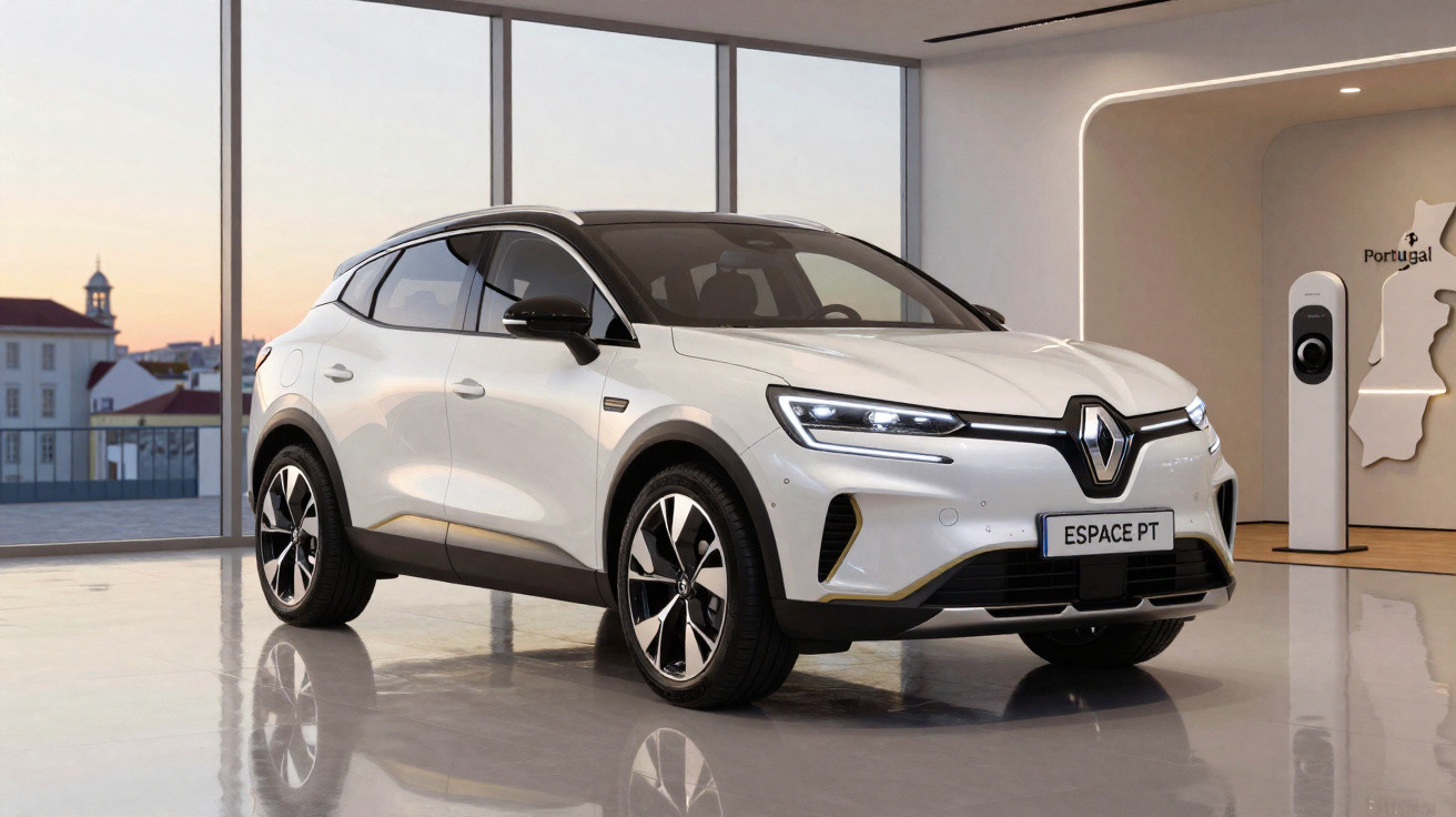 Carro elétrico branco Renault Espace PT em showroom moderno com grande janela e estação de recarga.