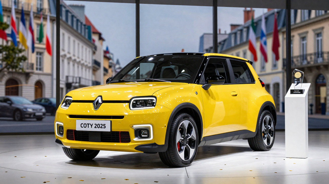 Carro compacto amarelo Renault exposto em salão automotivo com troféu de melhor do ano 2025.