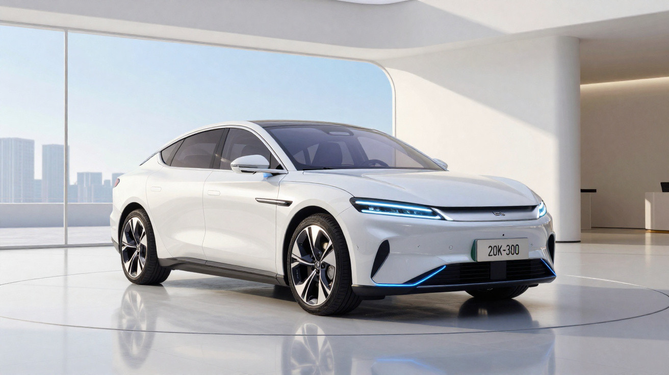 Carro elétrico branco moderno em ambiente interno minimalista com janela grande e vista urbana.
