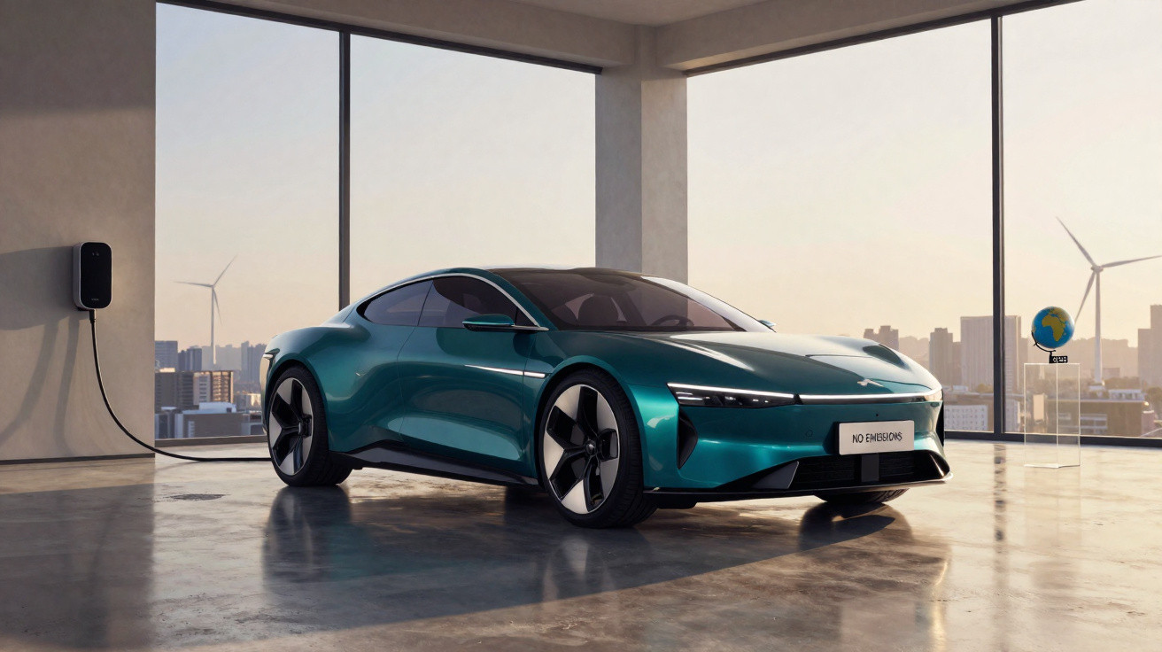 Carro elétrico verde carregando em garagem com paredes de vidro e vista para turbinas eólicas na cidade.