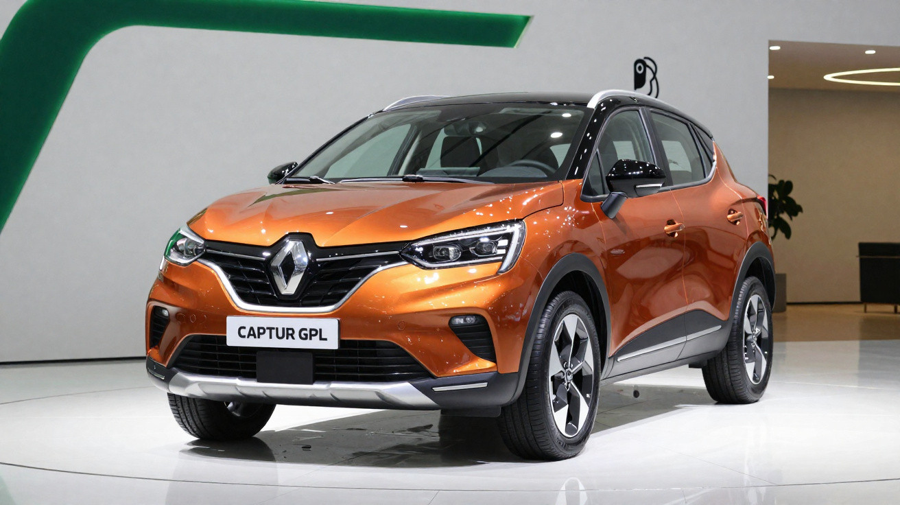 Carro Renault Captur GPL laranja exibido em ambiente interno com fundo branco e detalhes verdes.