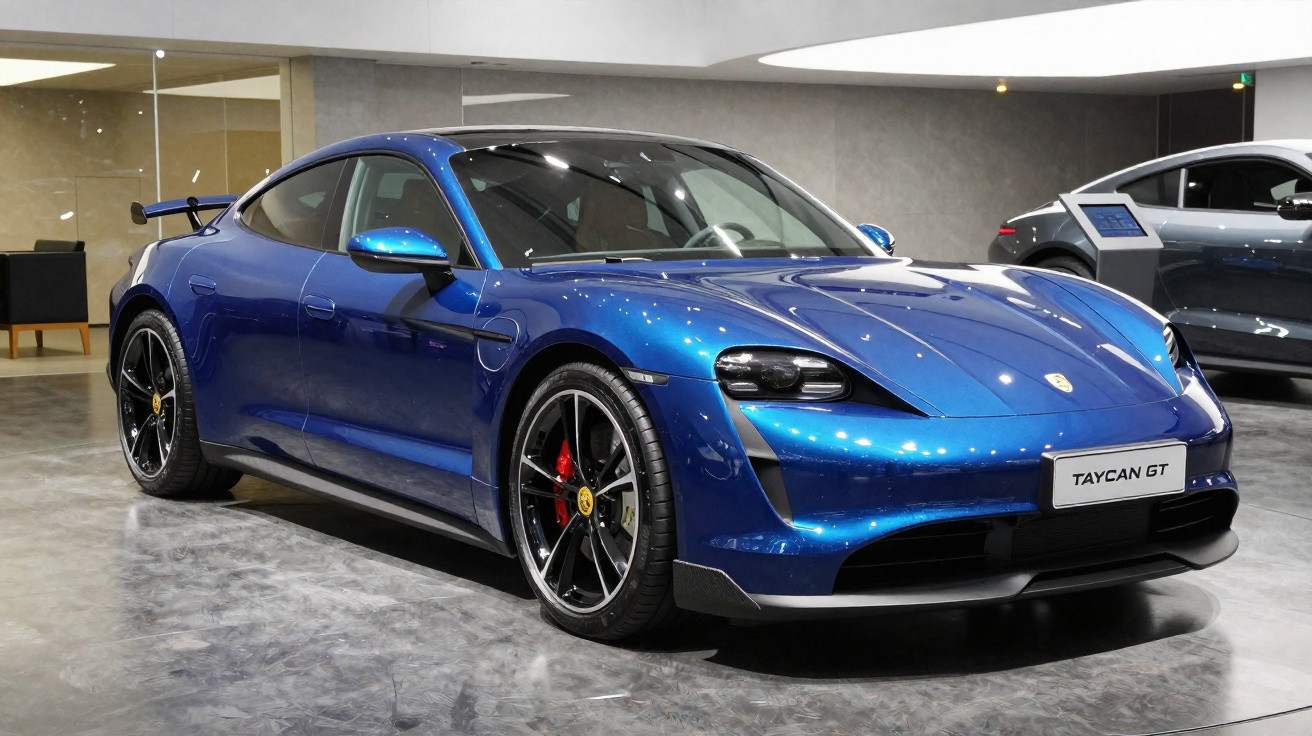 Carro esportivo elétrico Porsche Taycan GT azul em showroom com acabamento brilhante e rodas pretas.