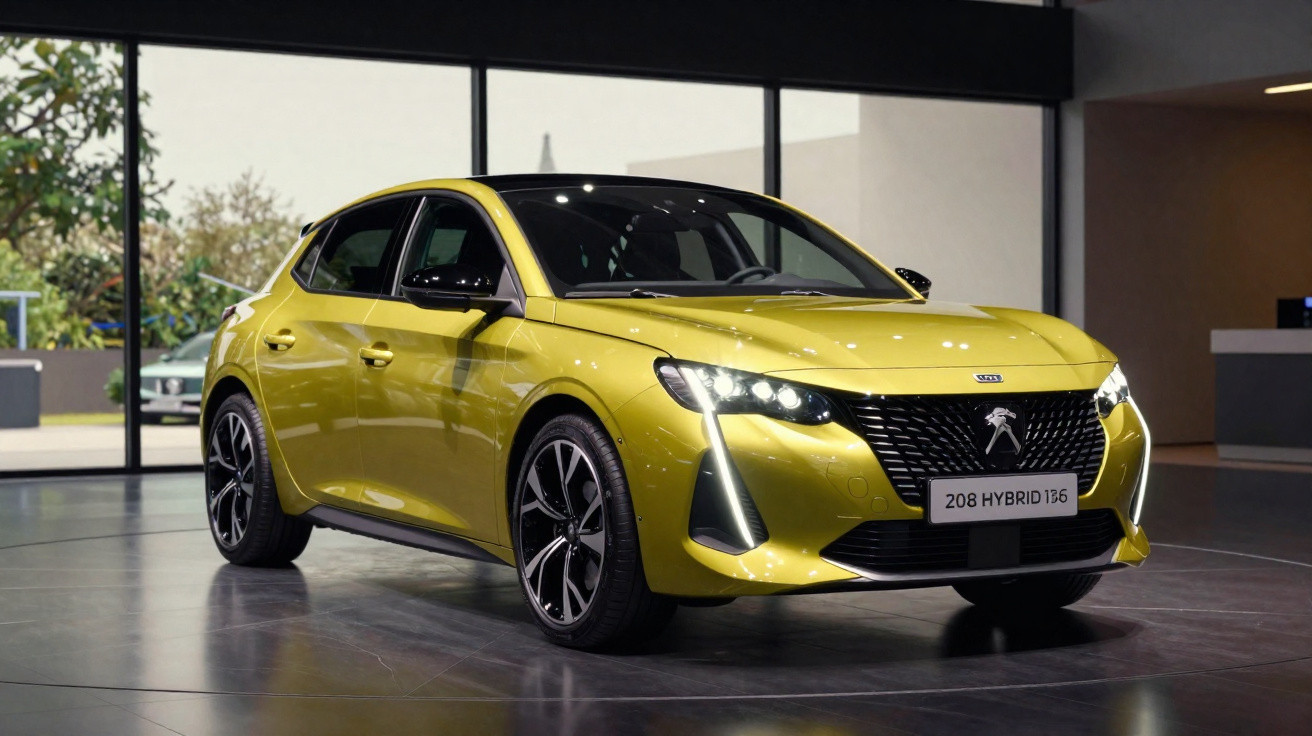 Carro Peugeot 208 Hybrid 135 amarelo em ambiente interno com iluminação artificial.