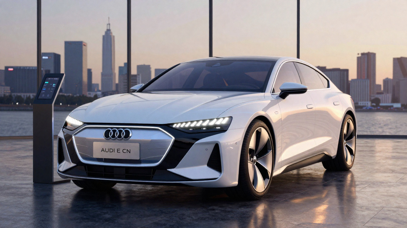 Carro elétrico Audi E CN branco estacionado em salão moderno com vista para cidade ao entardecer.