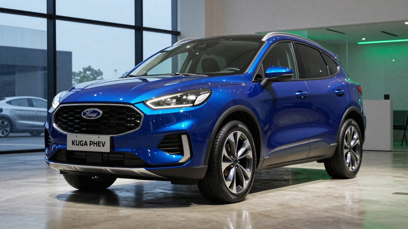 Carro SUV azul Ford Kuga PHEV exibido em ambiente interno moderno e iluminado.