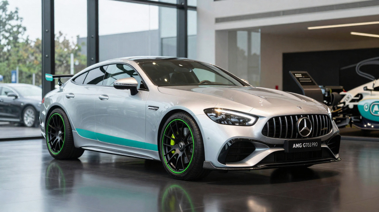 Carro esportivo Mercedes-Benz AMG GT 63 Pro prata exibido em showroom moderno.