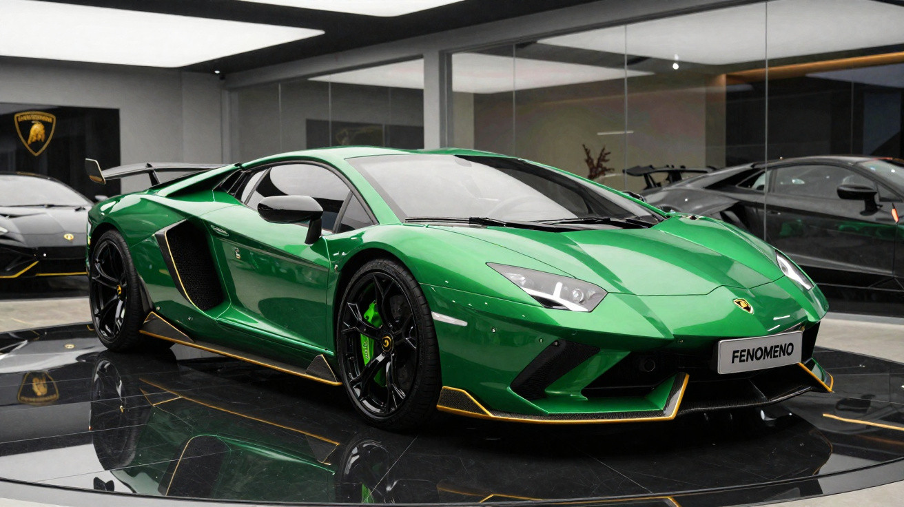 Carro esportivo Lamborghini verde com detalhes amarelos exibido em showroom moderno espelhado.