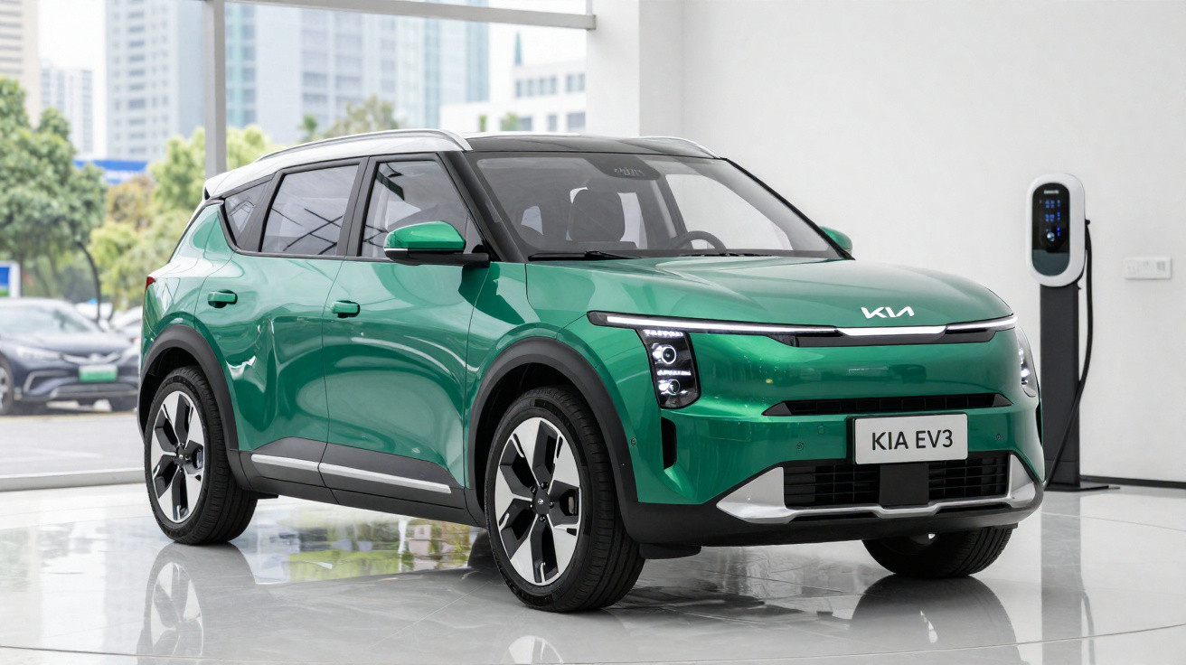Carro elétrico SUV Kia EV3 verde estacionado em showroom ao lado de estação de recarga.