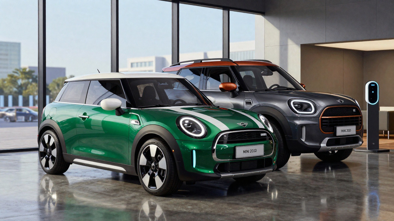 Dois carros Mini elétricos, um verde e branco e um cinza com detalhes laranja, exibidos em showroom moderno.