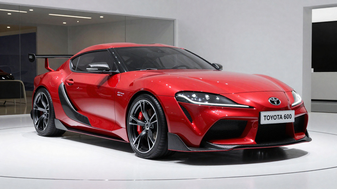 Carro esportivo vermelho Toyota 600 exposto em salão moderno com iluminação branca e vidro ao fundo.