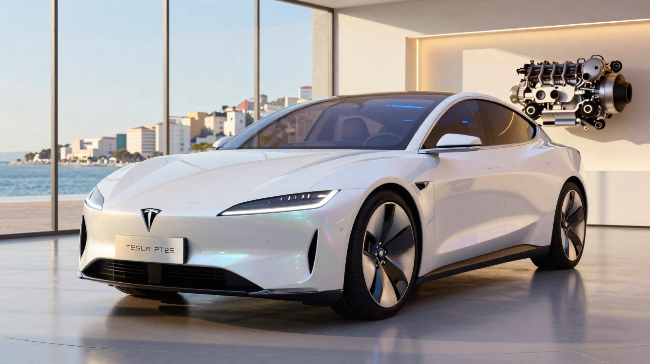 Carro elétrico Tesla branco em ambiente interno moderno com motor exposto na parede e vista para o mar.