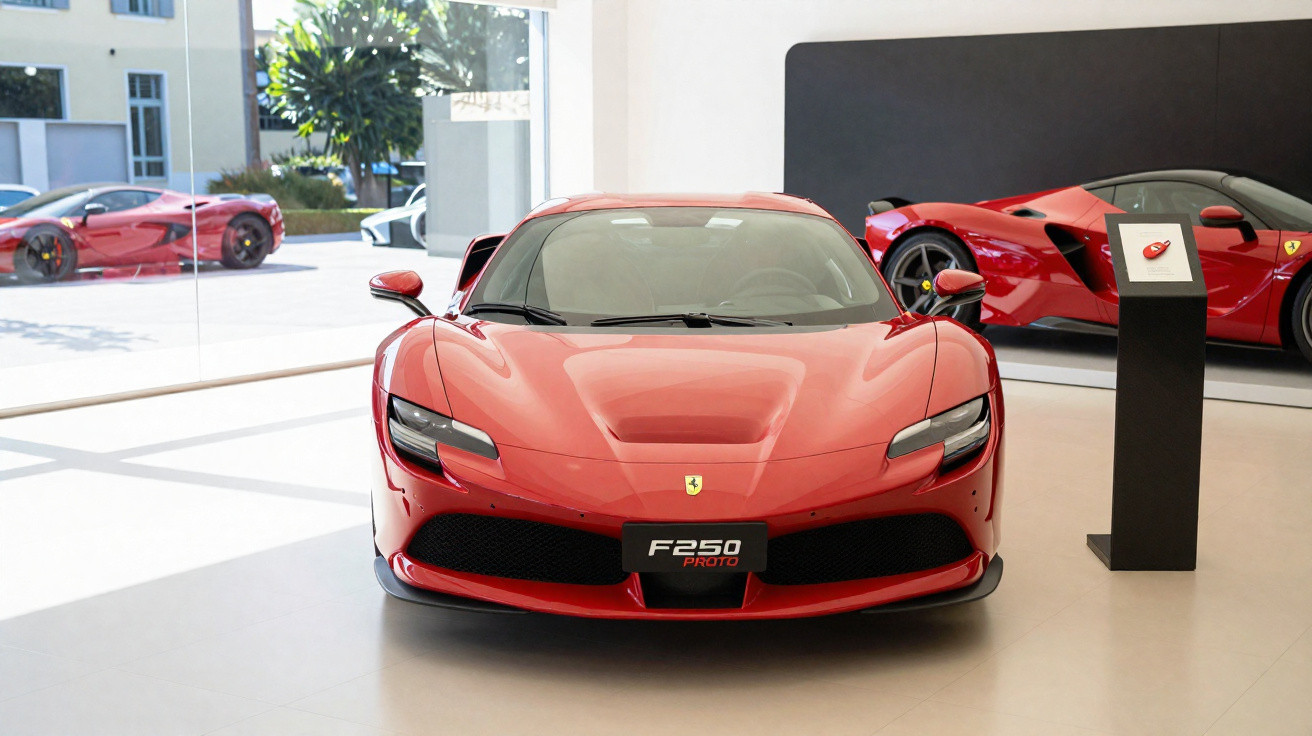 Carro esportivo Ferrari F250 Prototipo vermelho exibido em showroom moderno e iluminado.