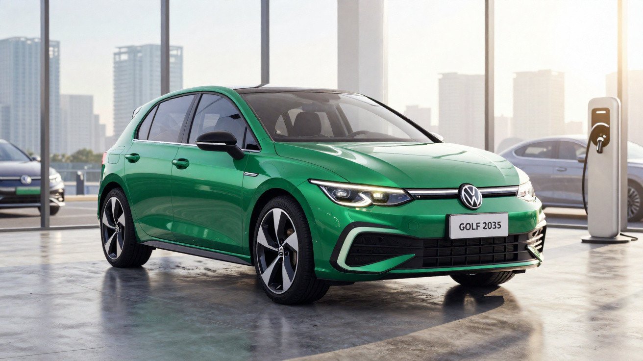 Carro elétrico Volkswagen Golf 2035 verde estacionado em garagem com estação de recarga.
