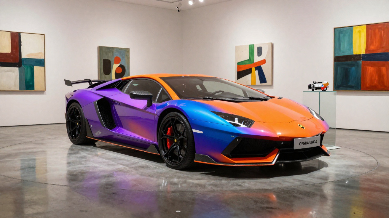Carro esportivo Lamborghini com pintura em degradê laranja, azul e roxo em galeria de arte.
