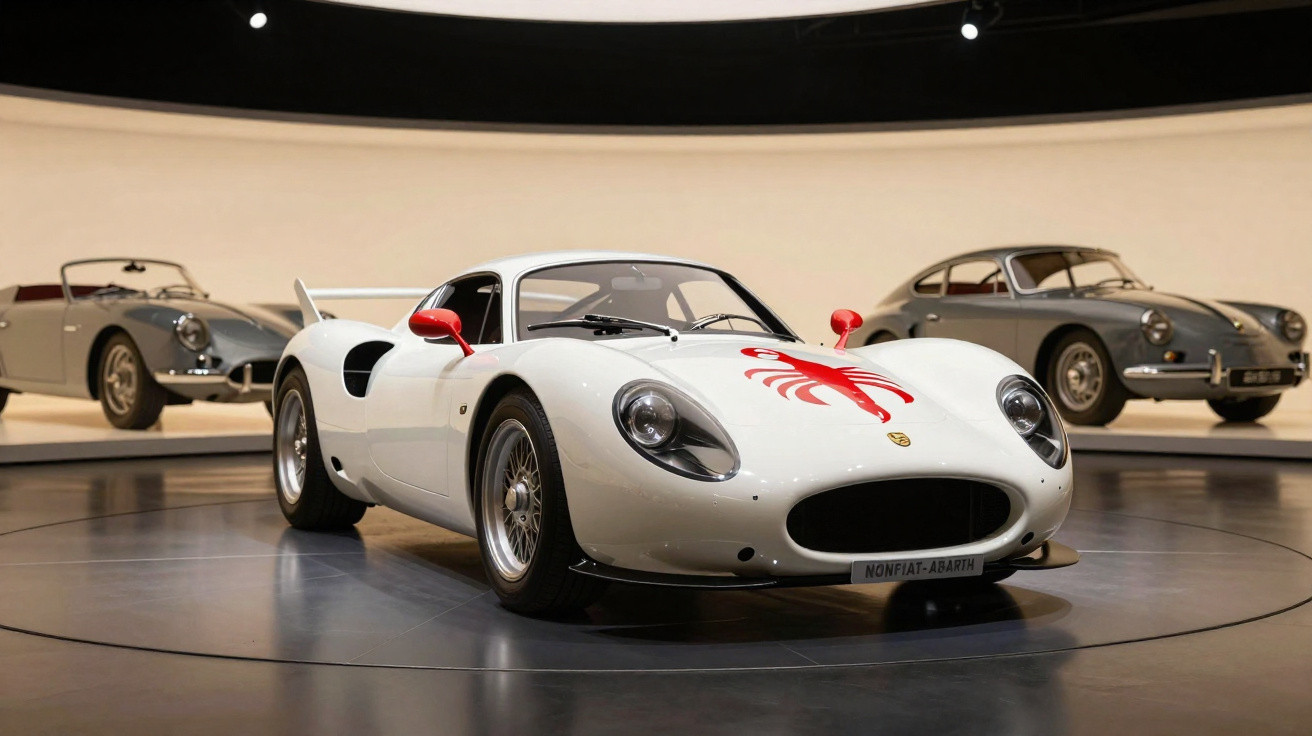 Carro esportivo branco com detalhes vermelhos exposto em museu, com dois carros clássicos ao fundo.