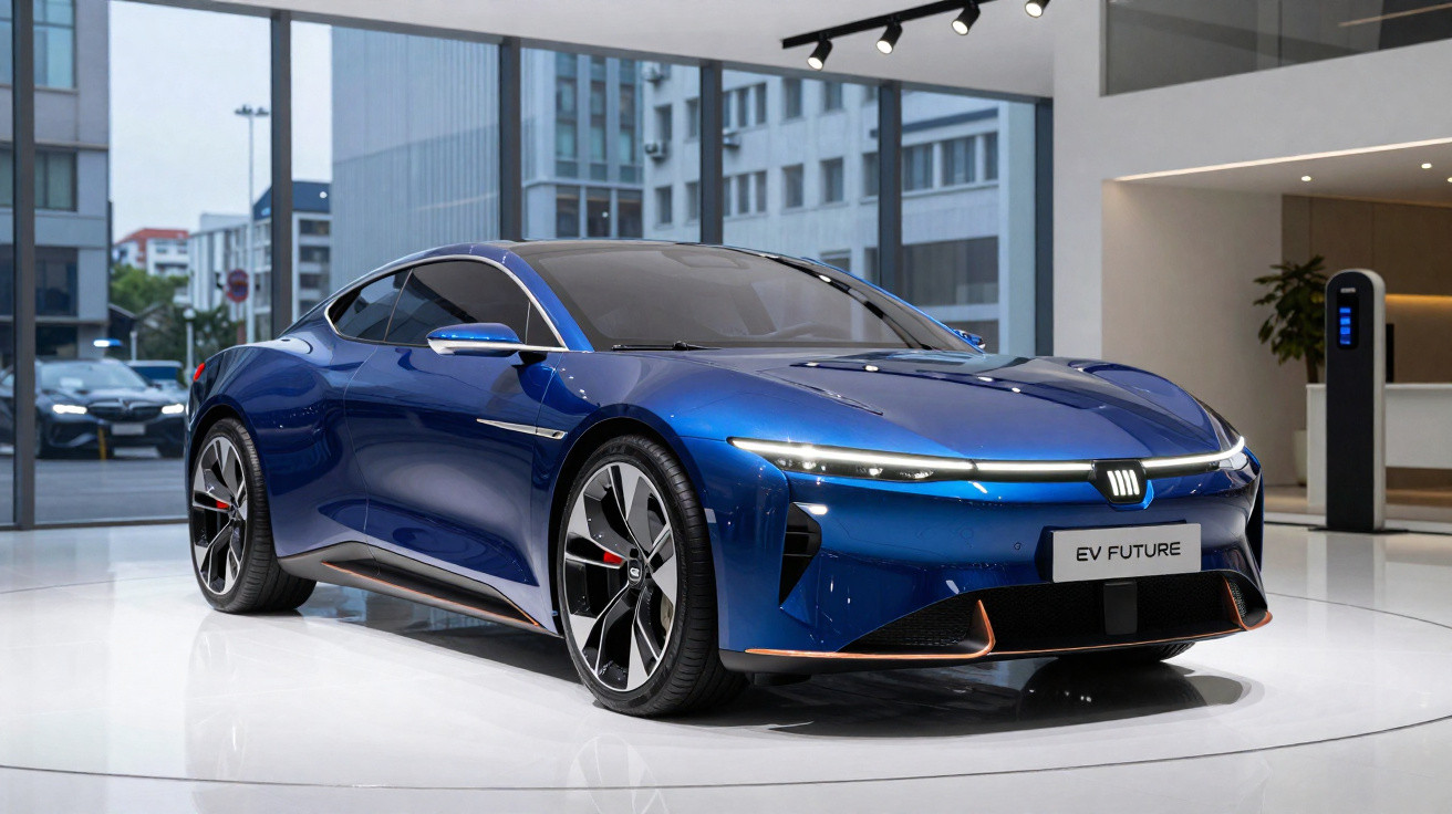 Carro esportivo elétrico azul brilhante estacionado em showroom moderno com placas EV FUTURE.