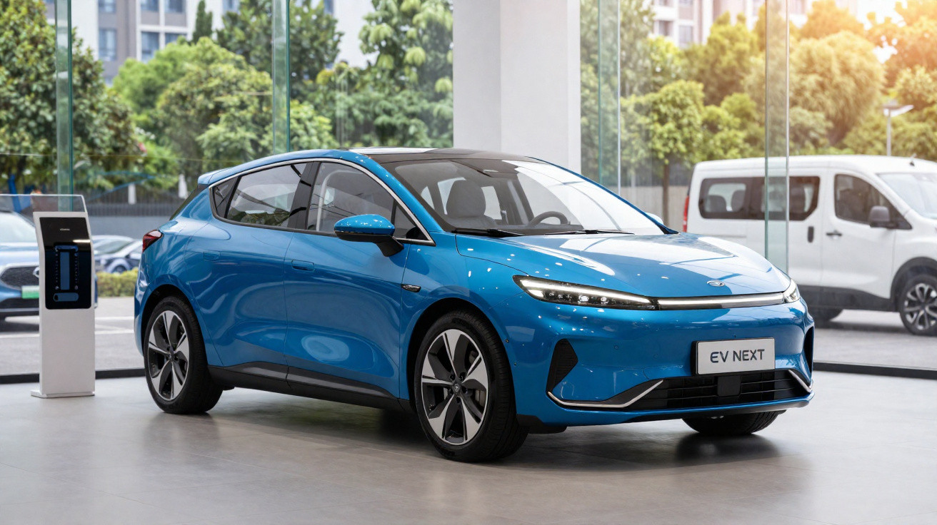 Carro elétrico azul EV NEXT estilizado em exposição dentro de showroom moderno com janelas amplas.
