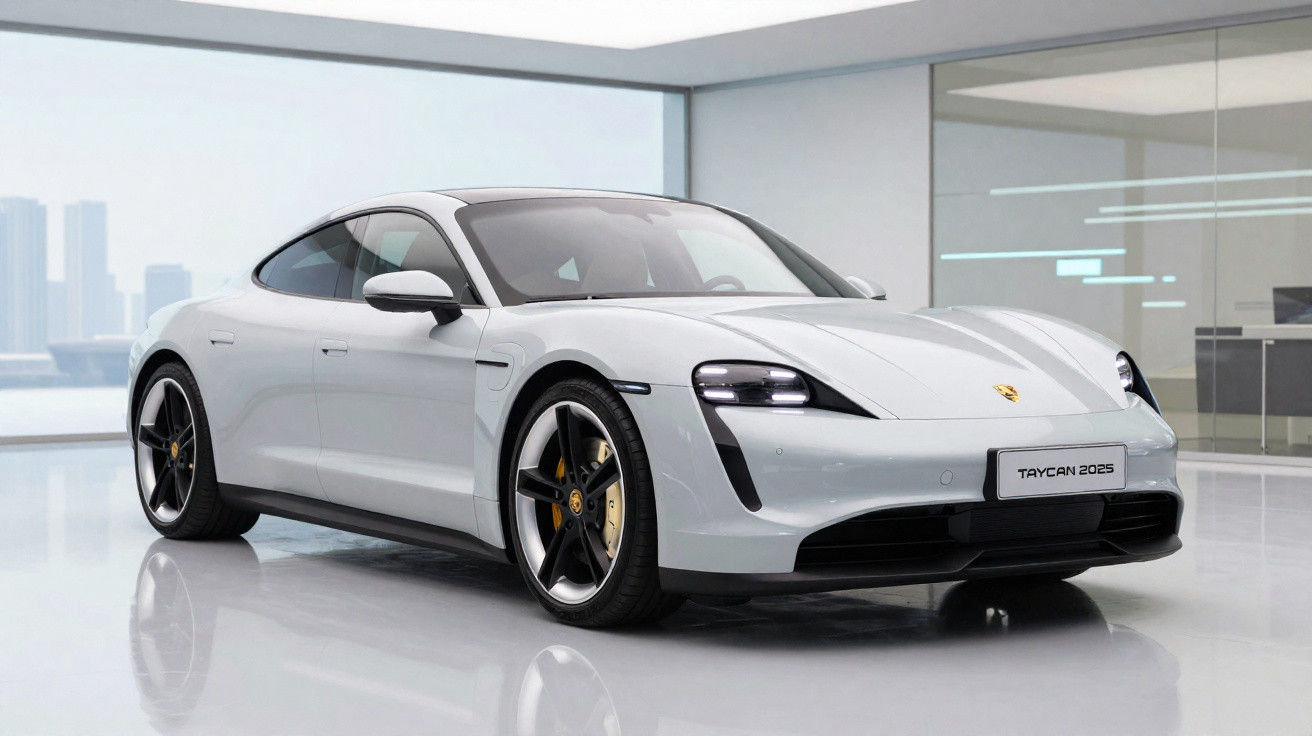 Carro esportivo elétrico Porsche Taycan 2025 branco exibido em showroom moderno e minimalista.
