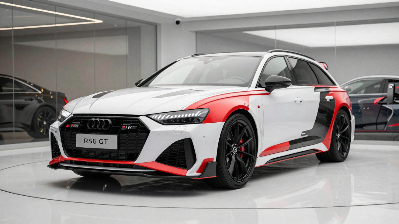 Audi RS6 GT branco com detalhes em vermelho e preto, em exposição dentro de showroom moderno.