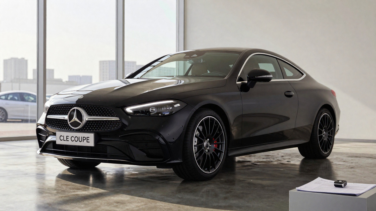 Carro Mercedes-Benz CLE Coupe preto exibido em ambiente interno com piso de concreto brilhante.