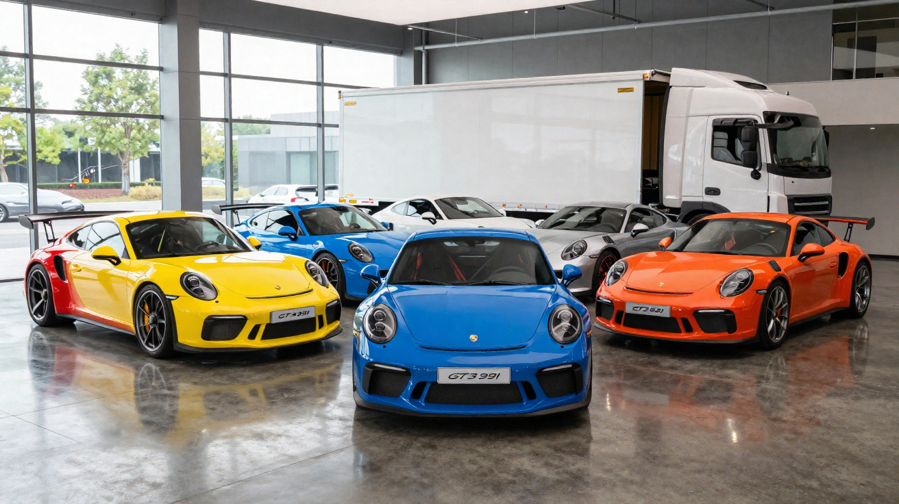 Cinco carros esportivos Porsche coloridos em exposição interna com caminhão branco ao fundo.