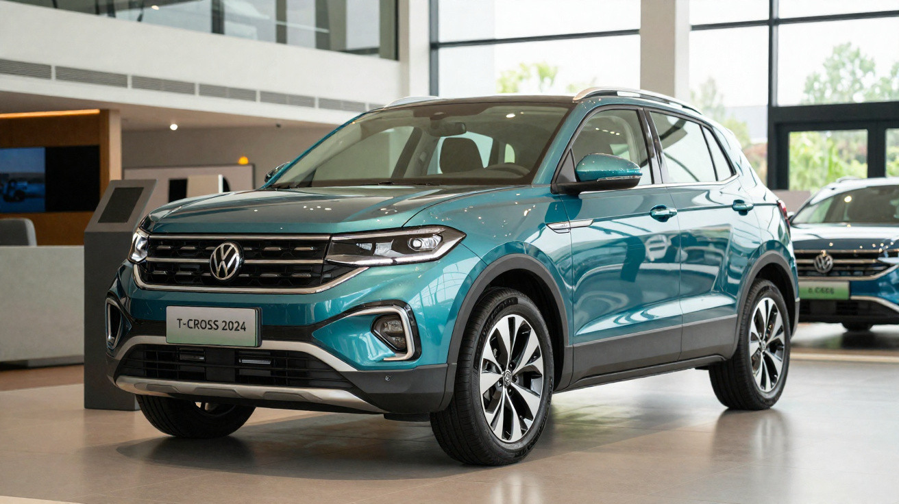Carro Volkswagen T-Cross 2024 azul exibido em showroom moderno com iluminação natural.