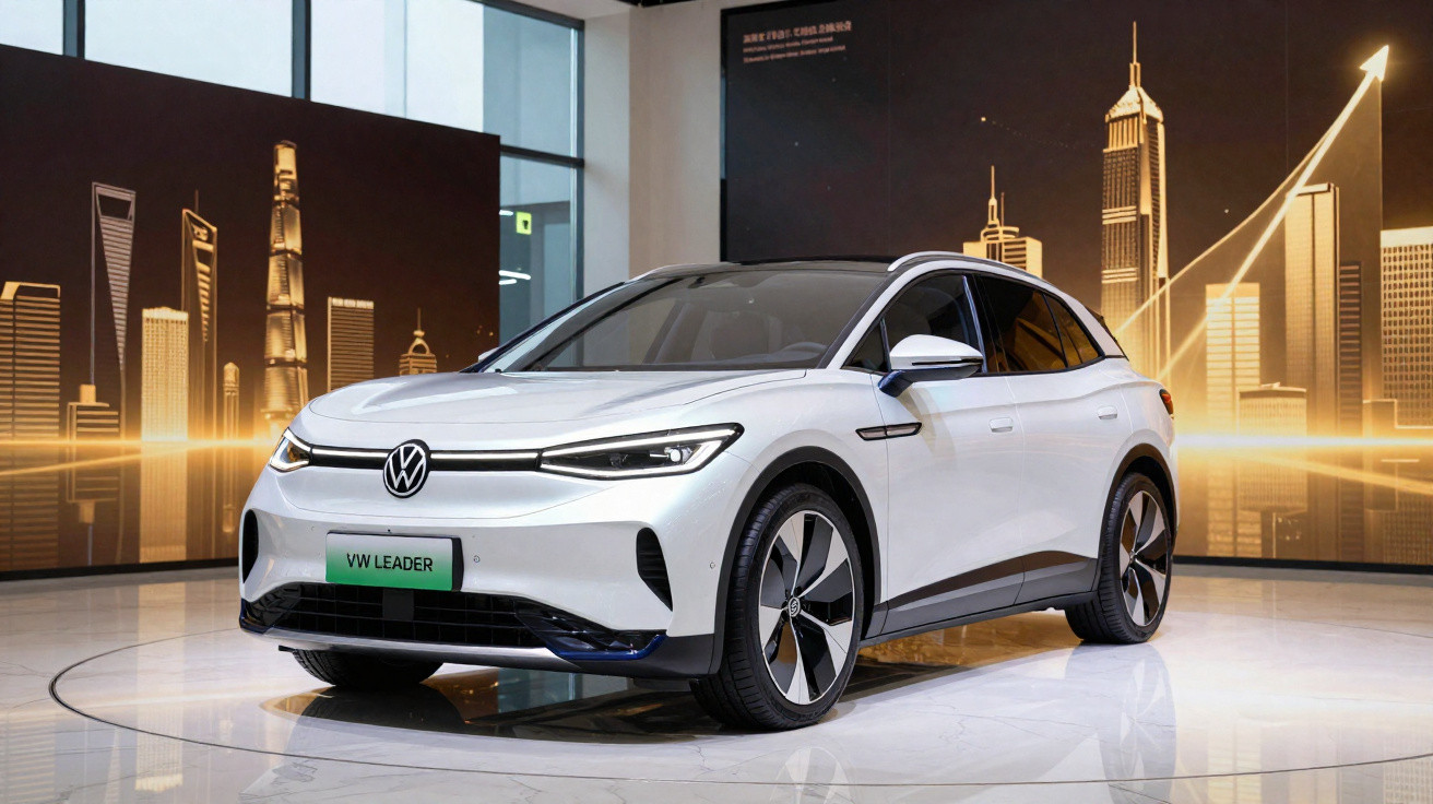 Carro elétrico branco VW Leader exposto em ambiente interno com painel de cidade futurista ao fundo.