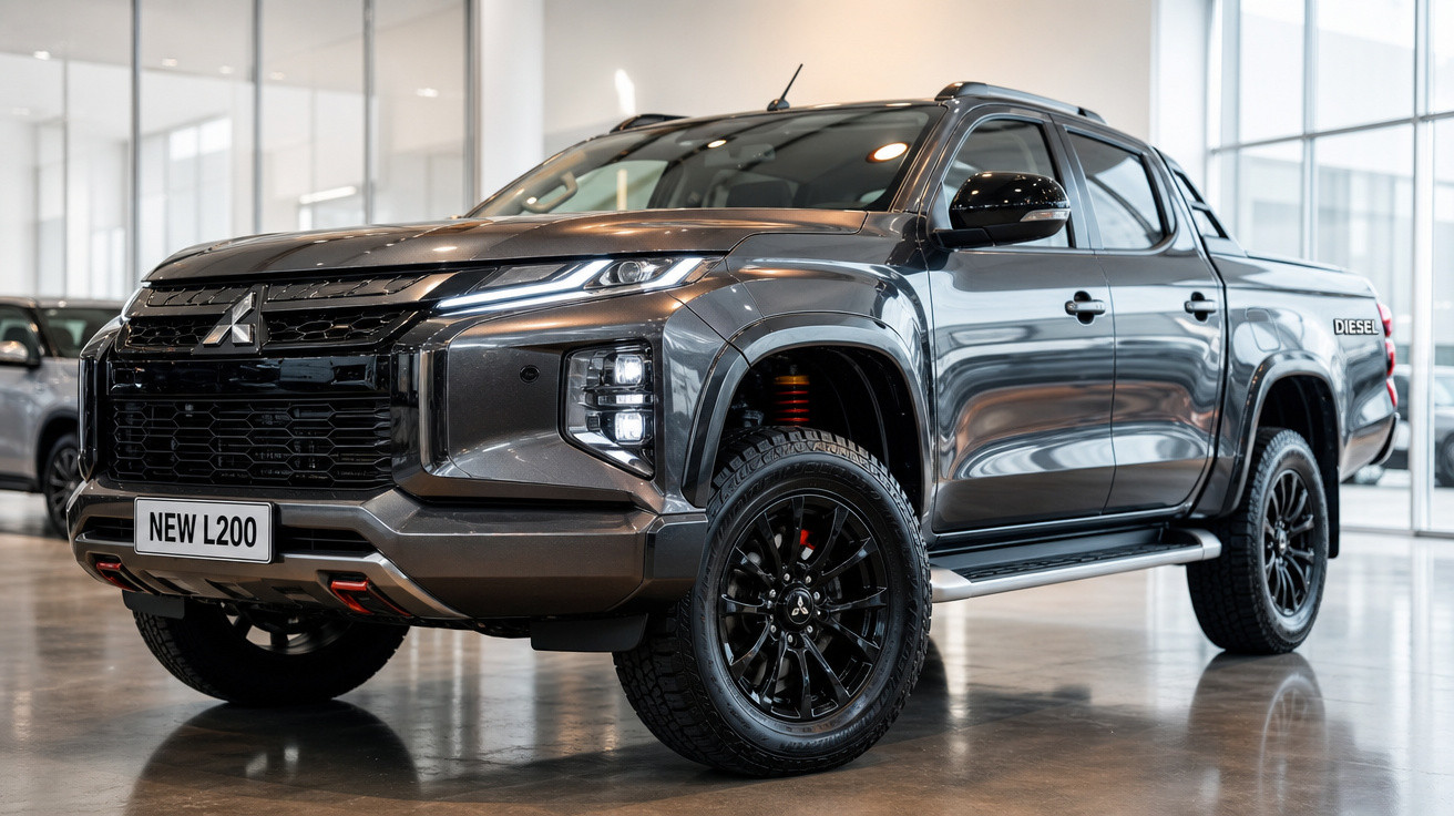 Picape Mitsubishi L200 cinza escuro em showroom com rodas pretas e detalhes modernos.
