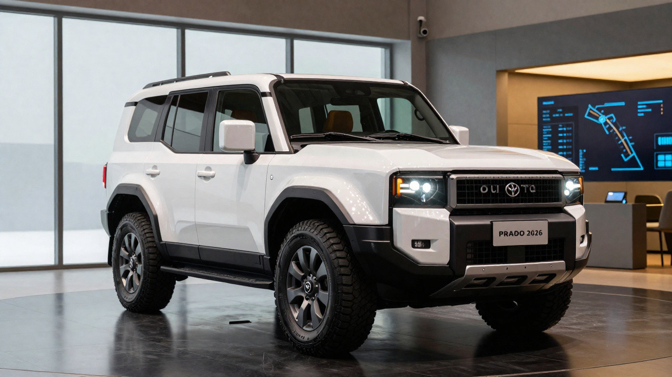 SUV branco Toyota Prado 2026 em exposição com faróis acesos em ambiente interno moderno.