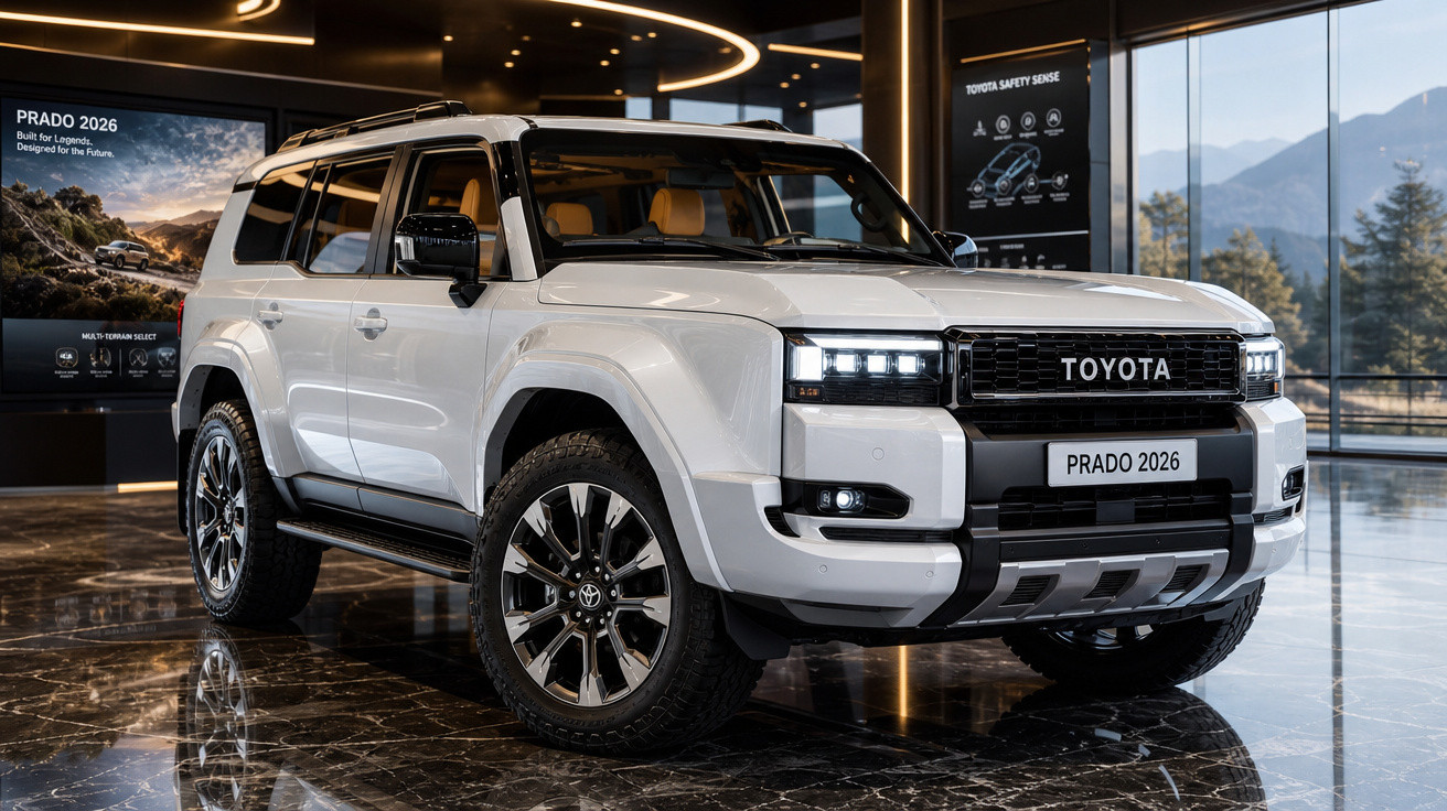 SUV branco Toyota Prado 2026 em exposição, com design robusto e moderno, em ambiente interno sofisticado.