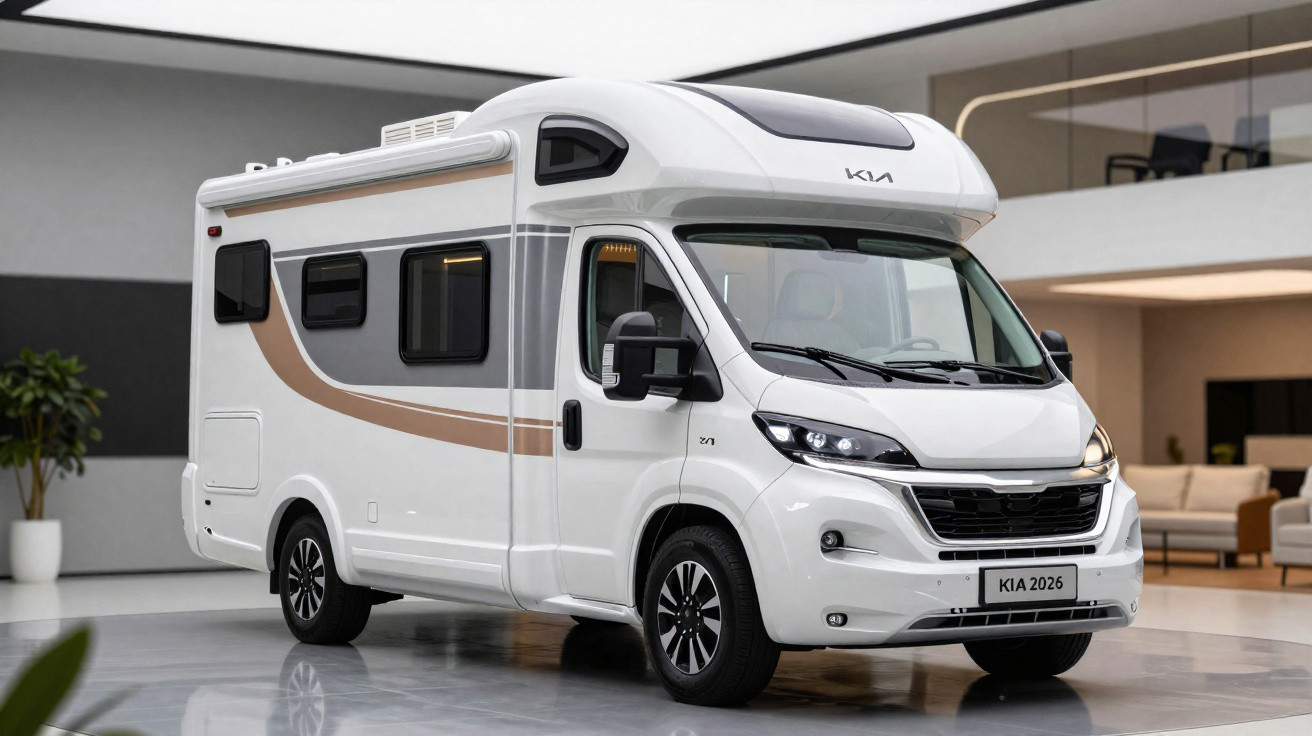 Veículo motorhome branco com detalhes cinza e bege em exposição interna moderna.