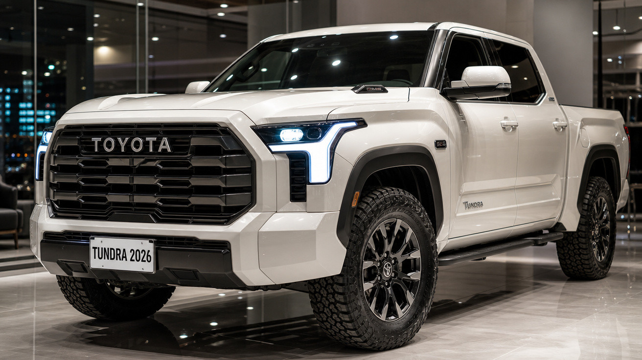Picape Toyota Tundra 2026 branca em exposição interna com faróis acesos e rodas robustas.