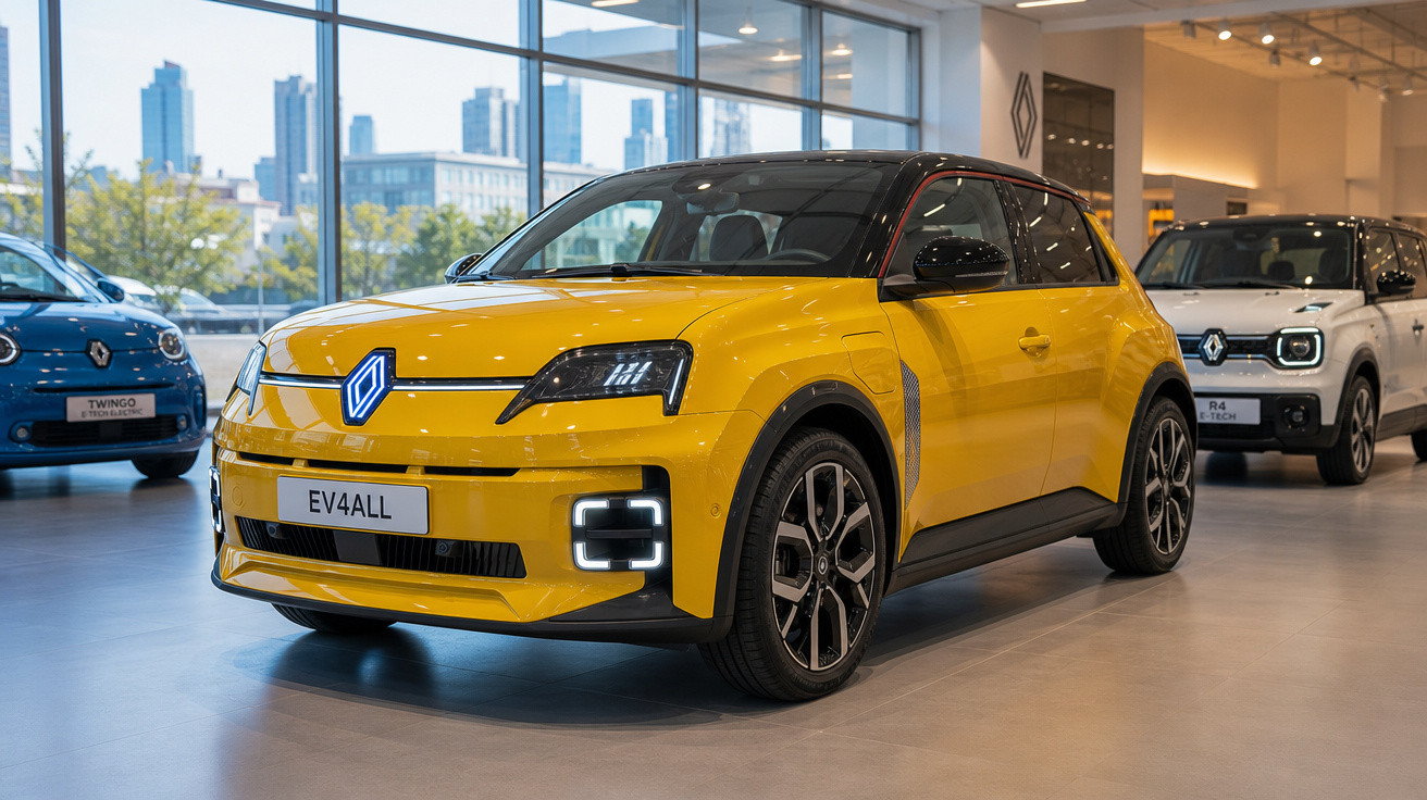 Carro elétrico amarelo Renault EV4ALL em exposição com prédios e outros carros ao fundo.