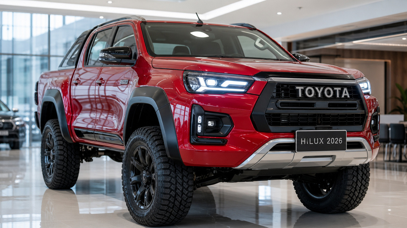 Picape Toyota Hilux 2026 vermelha exibida em showroom moderno e iluminado.
