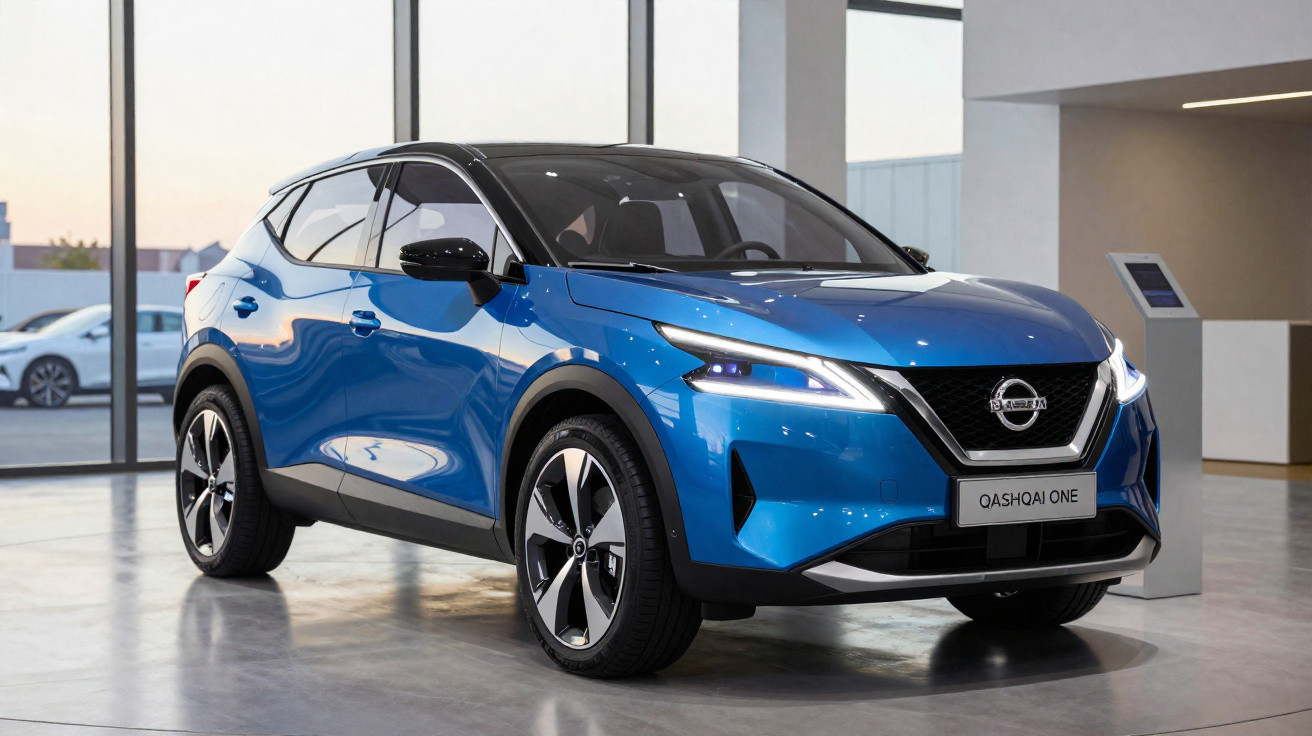 Carro SUV azul Nissan Qashqai One exibido em showroom moderno com luz natural.